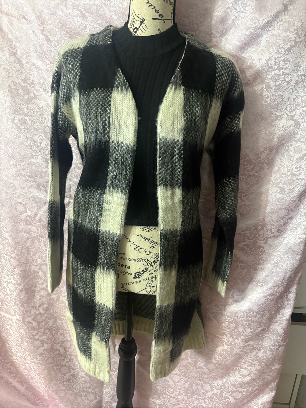 Macy's Black and Cream Plaid Open Front Cardigan